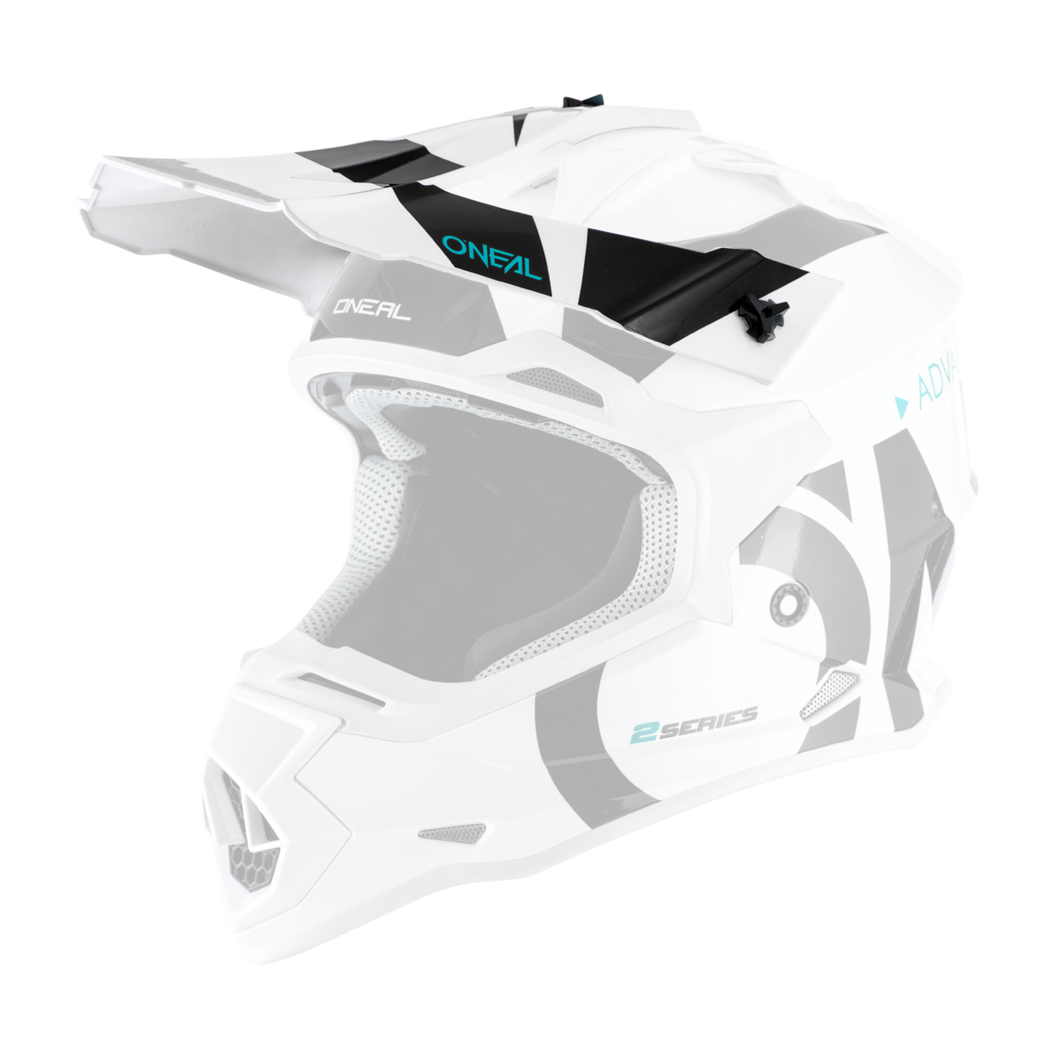 El Casco O'NEAL Visor 2SRS SLICK es un casco de motocross blanco y negro con motivos geométricos, visera en pico, zonas de ventilación, un diseño moderno y anguloso y la marca "O'NEAL" en el lateral.
