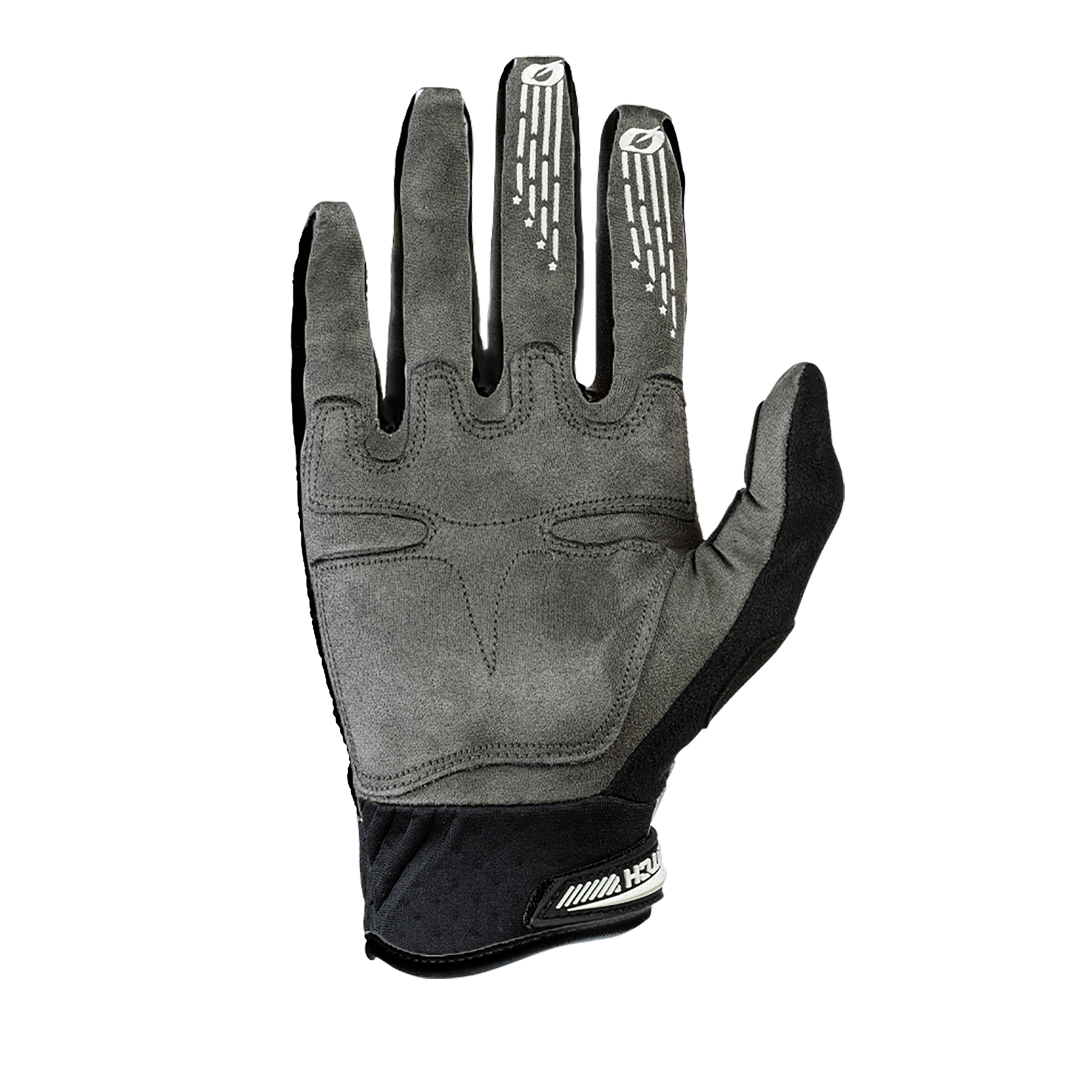 Ein einzelner grauer und schwarzer O'NEAL BUTCH Nanofront Carbon Handschuh mit Klettverschluss am Handgelenk und strukturiertem Griff an den Fingerspitzen, dargestellt mit der Handfläche nach oben auf weißem Hintergrund.