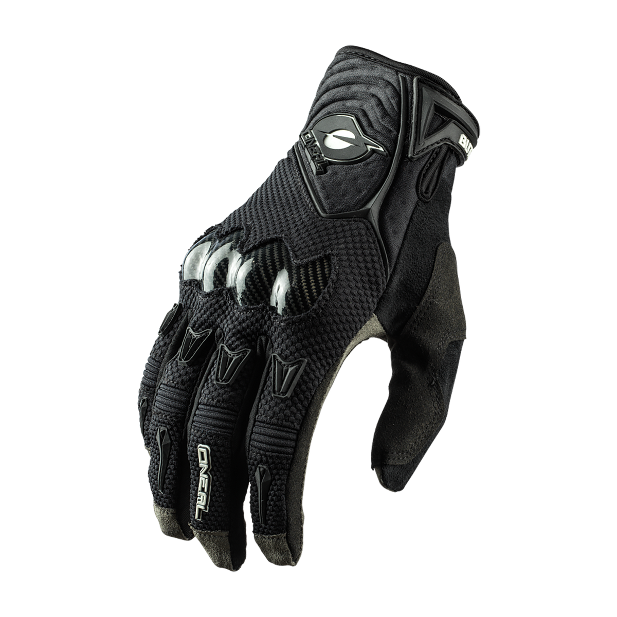 Il guanto O'NEAL BUTCH Nanofront Carbon è un guanto da moto nero con protezione delle nocche, tessuto a rete, dita rinforzate e chiusura del polso in velcro, ideale per il motocross e raffigurato su sfondo bianco.