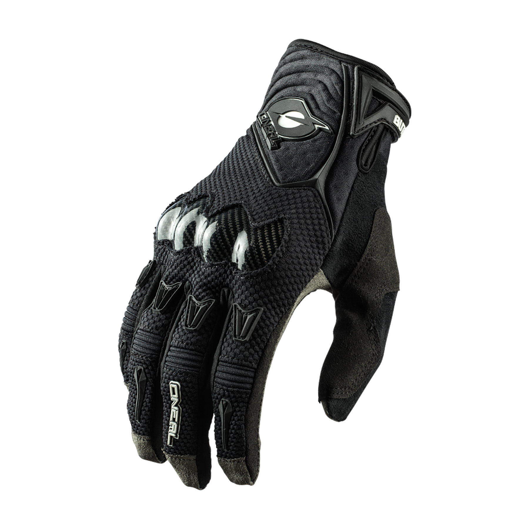 Der O'NEAL BUTCH Nanofront Carbon Handschuh ist ein schwarzer Motorradhandschuh mit Knöchelschutz, Mesh-Gewebe, verstärkten Fingern und einem Klettverschluss am Handgelenk, ideal für Motocross und auf weißem Hintergrund abgebildet.