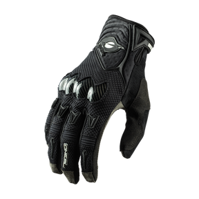 Il guanto O'NEAL BUTCH Nanofront Carbon è un guanto da moto nero con protezione delle nocche, tessuto a rete, dita rinforzate e chiusura del polso in velcro, ideale per il motocross e raffigurato su sfondo bianco.