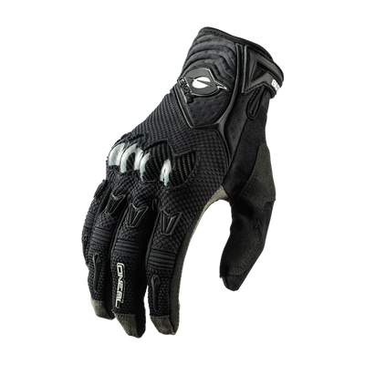 Il guanto O'NEAL BUTCH Nanofront Carbon è un guanto da moto nero con protezione delle nocche, tessuto a rete, dita rinforzate e chiusura del polso in velcro, ideale per il motocross e raffigurato su sfondo bianco.