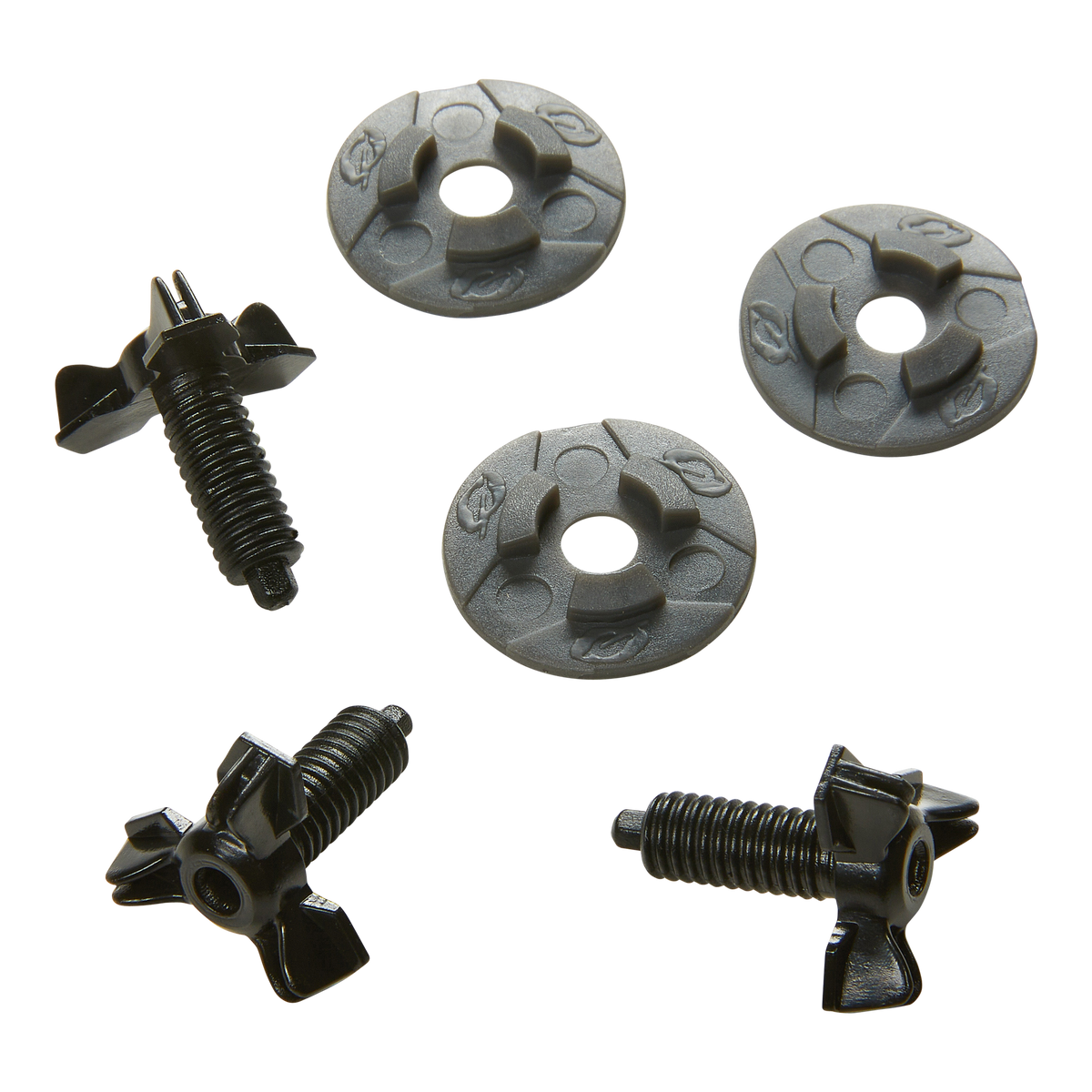 Cinque viti O'NEAL Break-away Visor Screw Set - tre con teste rotonde a forma di disco e due con teste ad ala e aste filettate - sono disposte su uno sfondo monocolore.