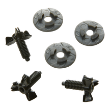 Five O'NEAL Break-away Visor Screw Set fasteners - three with round, disc-shaped heads and two with wing heads and threaded rods - are arranged on a solid color background.