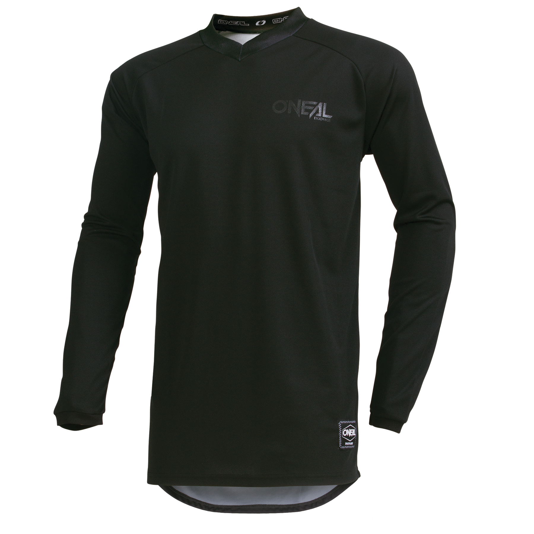 Das O'NEAL ELEMENT Trikot CLASSIC ist ein schwarzes, langärmeliges Trikot aus atmungsaktivem Material mit einem dezenten Logo auf der Brust und einem kleinen Etikett am unteren Saum, das auf weißem Hintergrund abgebildet ist.