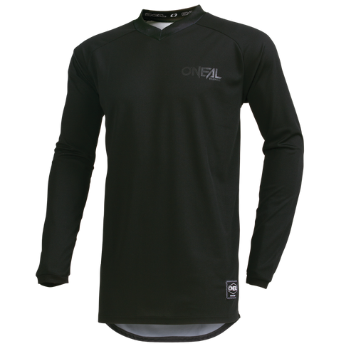 Das O'NEAL ELEMENT Trikot CLASSIC ist ein schwarzes, langärmeliges Trikot aus atmungsaktivem Material mit einem dezenten Logo auf der Brust und einem kleinen Etikett am unteren Saum, das auf weißem Hintergrund abgebildet ist.