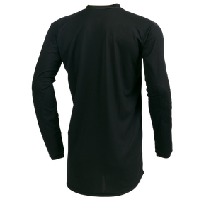 Una maglietta sportiva nera a maniche lunghe con semplice scollo rotondo e materiale traspirante per un elevato comfort di vestibilità, simile all'Element Jersey CLASSIC di O'NEAL. Non presenta loghi o motivi visibili.