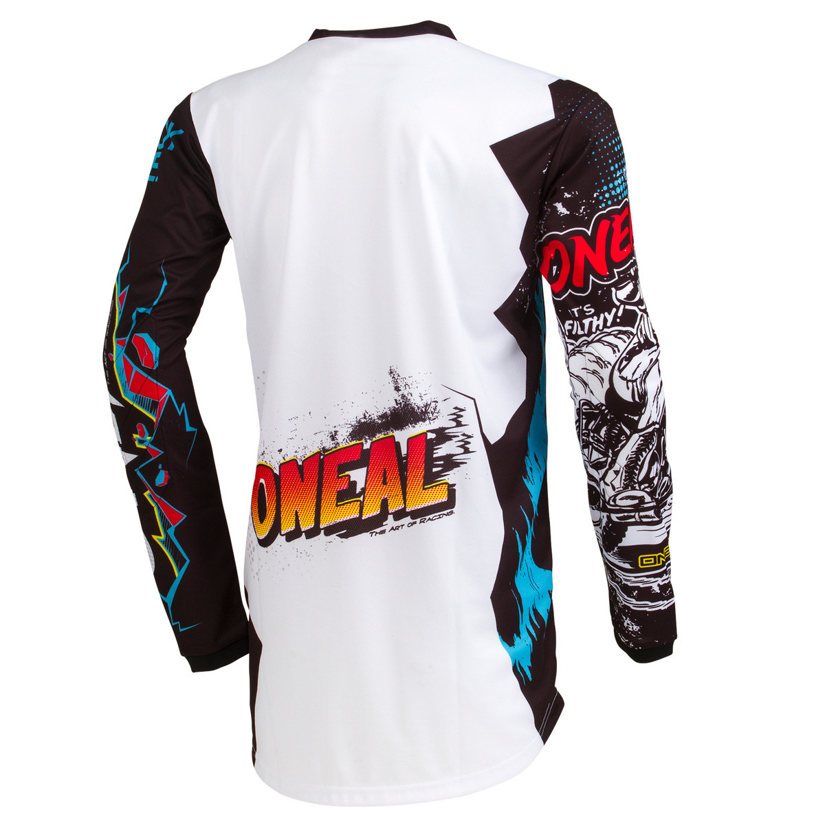 El maillot O'NEAL Element Villain impresiona con sus gráficos de cómic en blanco, negro, rojo, amarillo y azul. Fabricado con material transpirable para mayor comodidad y un ajuste perfecto. Se muestra por detrás con la marca O'NEAL.