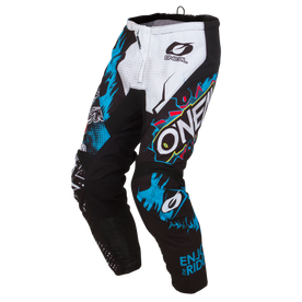 Le pantalon O'NEAL ELEMENT VILLAIN en noir, bleu et blanc se distingue par ses graphiques colorés, ses accents de design accrocheurs, ses genoux renforcés pour la protection et "ENJOY THE RIDE" sur le bas de la jambe - idéal pour les sports mécaniques avec confort et protection.
