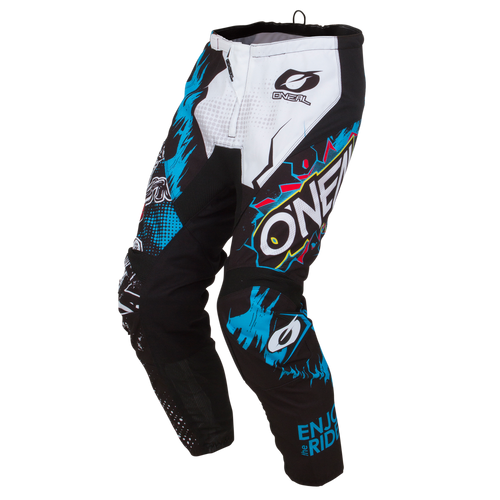 Le pantalon O'NEAL ELEMENT VILLAIN en noir, bleu et blanc se distingue par ses graphiques colorés, ses accents de design accrocheurs, ses genoux renforcés pour la protection et 