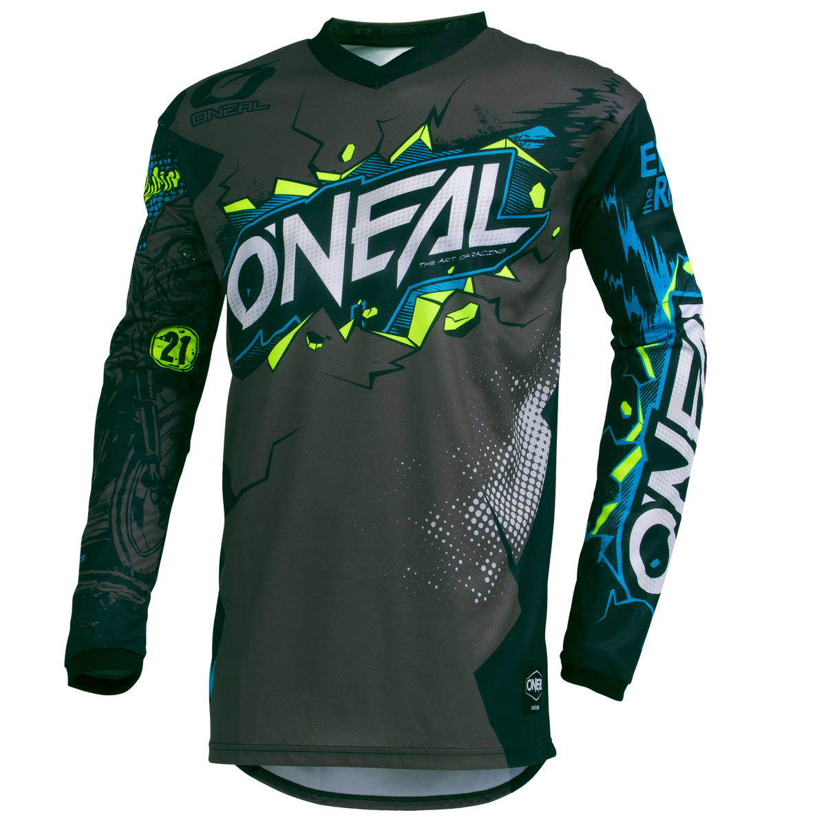 La maglia O'NEAL Element da bambino Villain è caratterizzata da accattivanti loghi blu, bianchi e verde neon con grafiche geometriche sulle maniche e ulteriori loghi degli sponsor - ideale per i Bambini come abbigliamento da MTB o motocross.