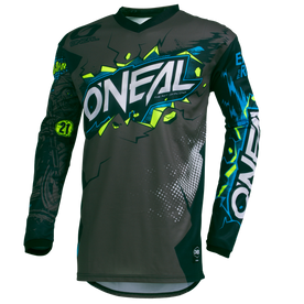 The O'NEAL Custom Jersey youth VILLAIN features striking white and blue lettering, neon-colored graphic patterns and bright green, yellow and blue accents for an eye-catching look.