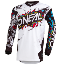 El maillot O'NEAL Element Niños Villain es un maillot de motocross de manga larga para niños con llamativos y coloridos gráficos en rojo, amarillo, azul y negro sobre fondo blanco.