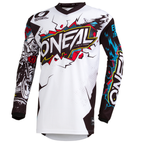 Le maillot customisé O'NEAL pour enfants VILLAIN se distingue par un design blanc lumineux avec des manches noires, des graphismes colorés, une inscription "O'NEAL" en gras et un motif de coureur stylisé. Ce maillot unique est fabriqué à la main en Allemagne.