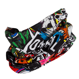 Lo scaldacollo O'NEAL CRANK è un colorato scaldacollo tubolare con una grafica accattivante in stile fumetto, testi vivaci e personaggi dei cartoni animati su sfondo nero, ideale per il motocross o la mountain bike.