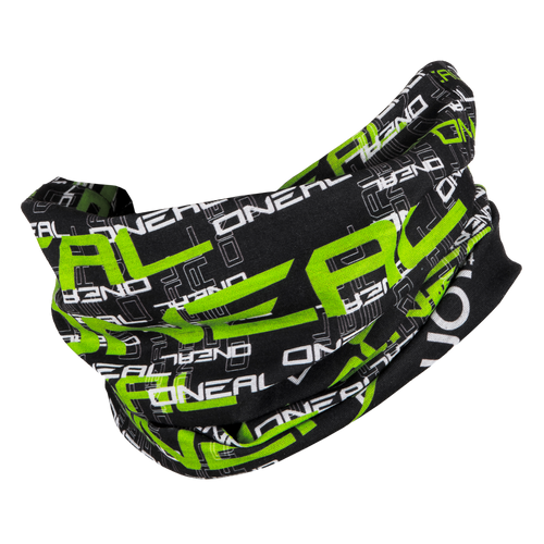 Der O'NEAL Nackenwärmer MATRIX ist eine schwarze Halskrause mit auffälligem grünem und weißem O'NEAL-Branding und geometrischen Mustern, ideal für Motocross oder Mountainbiking.