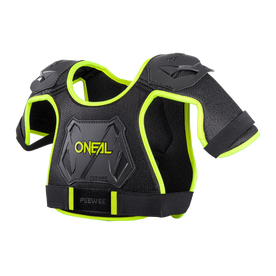El protector pectoral O'NEAL PEEWEE para niños en negro y amarillo neón ofrece a los jóvenes pilotos una protección pectoral y de hombros compatible con el motocross, con inserciones de malla y plástico para la ventilación: la prenda deportiva ideal de O'NEAL.