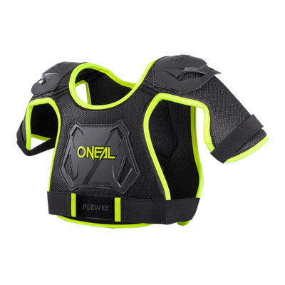 El protector pectoral O'NEAL PEEWEE para niños en negro y amarillo neón ofrece a los jóvenes pilotos una protección pectoral y de hombros compatible con el motocross, con inserciones de malla y plástico para la ventilación: la prenda deportiva ideal de O'NEAL.