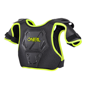 Ein schwarzer O'NEAL PEEWEE Brustpanzer Kinder mit gelber Zierleiste und Schultergurten für Jugend-Motocross oder BMX, von O'NEAL, auf weißem Hintergrund.