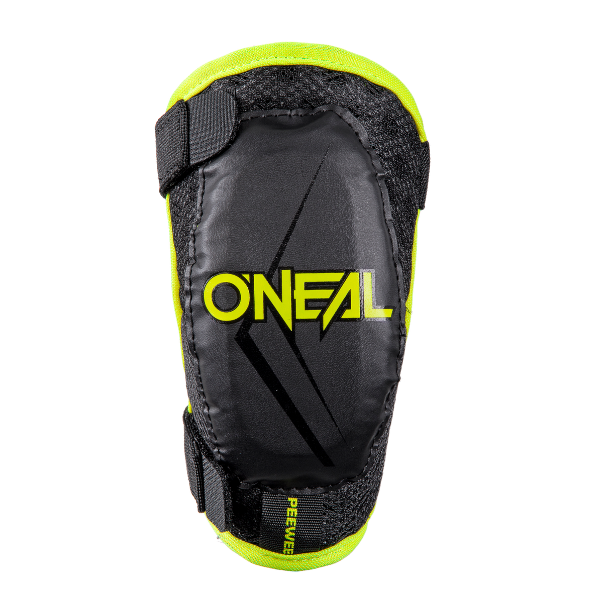 Un protector de codo infantil O'NEAL PEEWEE negro y amarillo con dos correas ajustables y el llamativo logotipo amarillo de O'NEAL en la parte delantera acolchada, parte de la duradera equipación infantil, que se muestra sobre un fondo negro sólido.
