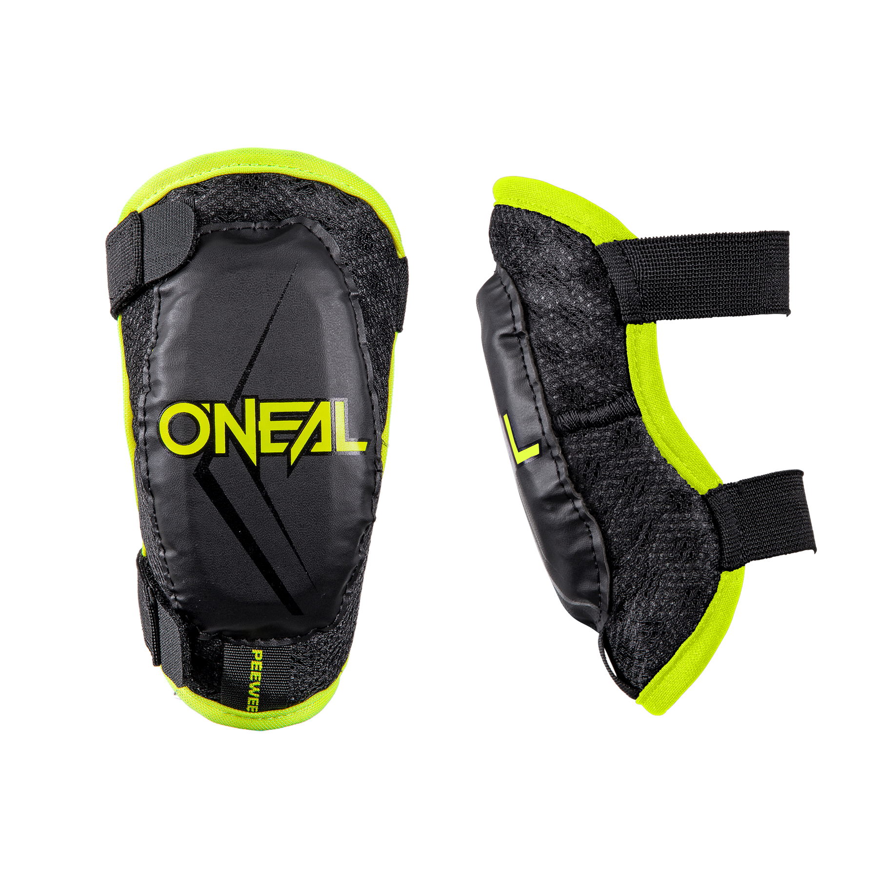 Due gomitiere O'NEAL PEEWEE nere e giallo neon per bambini con cinghie regolabili, viste di fronte e di lato, progettate per le attività sportive dei bambini come parte della gamma O'NEAL Kids Gear.