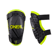 Two black and neon yellow O'NEAL PEEWEE elbow pads for youth with adjustable straps, shown from the front and side, designed for children's sports activities as part of the O'NEAL Kids Gear range.