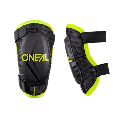 Due gomitiere O'NEAL PEEWEE nere e giallo neon per bambini con cinghie regolabili, viste di fronte e di lato, progettate per le attività sportive dei bambini come parte della gamma O'NEAL Kids Gear.