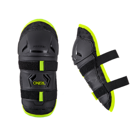 Dos coderas O'NEAL negras y amarillo neón con correas ajustables, mostradas desde distintos ángulos sobre un fondo blanco - ideales para niños ciclistas y perfectas para combinar con las rodilleras O'NEAL PEEWEE kids para una protección completa.