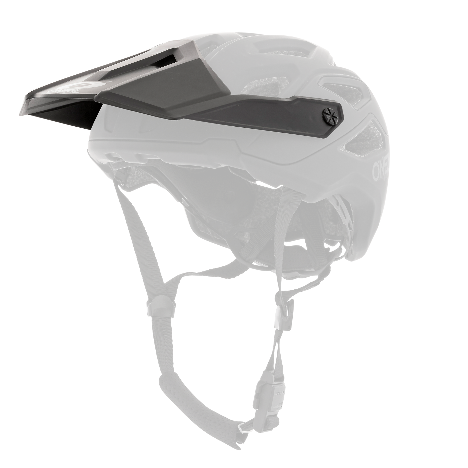 Der O'NEAL Visor PIKE Helmet SOLID ist ein mattschwarzer Fahrradhelm mit Visier, Belüftungslöchern und verstellbaren Riemen, der von der Seite auf weißem Hintergrund dargestellt wird.