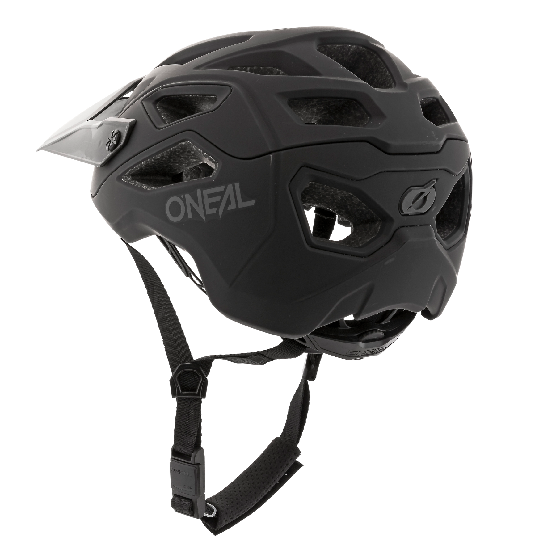 Der O'NEAL PIKE Helm SOLID ist ein mattschwarzer Mountainbike-Helm mit Visier, mehreren Belüftungsöffnungen und einem verstellbaren Kinnriemen, der von hinten und von der Seite auf weißem Hintergrund gezeigt wird.