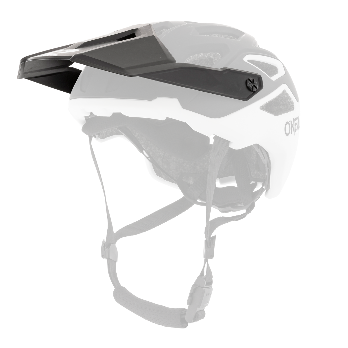 Der O'NEAL Visor PIKE Helmet SOLID ist ein schwarz-weißer Helm mit Visier, Belüftungslöchern und verstellbaren Kinnriemen auf einfarbigem Hintergrund.