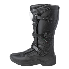 Une botte O'NEAL RSX noire avec des boucles, des protège-tibias renforcés, des coutures détaillées, une semelle robuste et le logo O'NEAL (sur le côté).