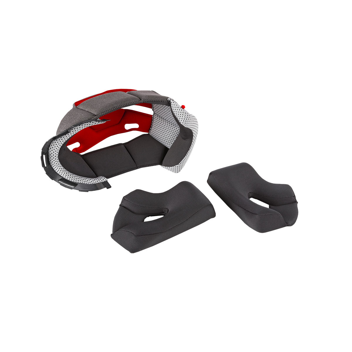 Le set O'NEAL Liner & Cheek Pads 2SRS Youth Helmet se compose d'un coussin rembourré gris et rouge pour la tête et de deux coussinets noirs pour les joues, tous illustrés sur un fond blanc.