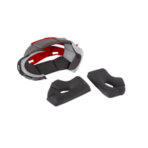The O'NEAL Liner & Cheek Pads 2SRS Youth Helmet Set consists of a gray and red padded head pad and two black cheek pads, all on a white background.
