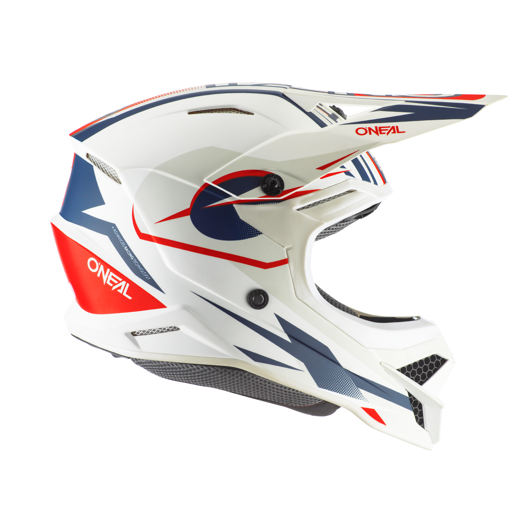 Der O'NEAL 3SRS Helm RIFF 2.0 ist ein weißer Motocross-Helm mit roten und blauen geometrischen Akzenten, einem großen Schirm, Belüftungslöchern und einem gewagten, modernen Design - perfekt für Ihr nächstes Rennen.