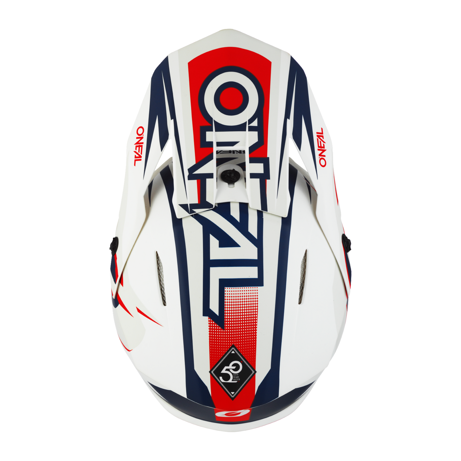 O'NEAL 3SRS Helm RIFF 2.0 mit auffälliger blauer, roter und schwarzer Grafik - das "O'NEAL"-Logo sticht oben heraus und macht ihn perfekt für das nächste Motocross-Rennen.