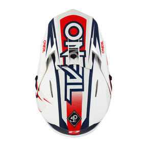 O'NEAL 3SRS Helm RIFF 2.0 mit auffälliger blauer, roter und schwarzer Grafik - das "O'NEAL"-Logo sticht oben heraus und macht ihn perfekt für das nächste Motocross-Rennen.