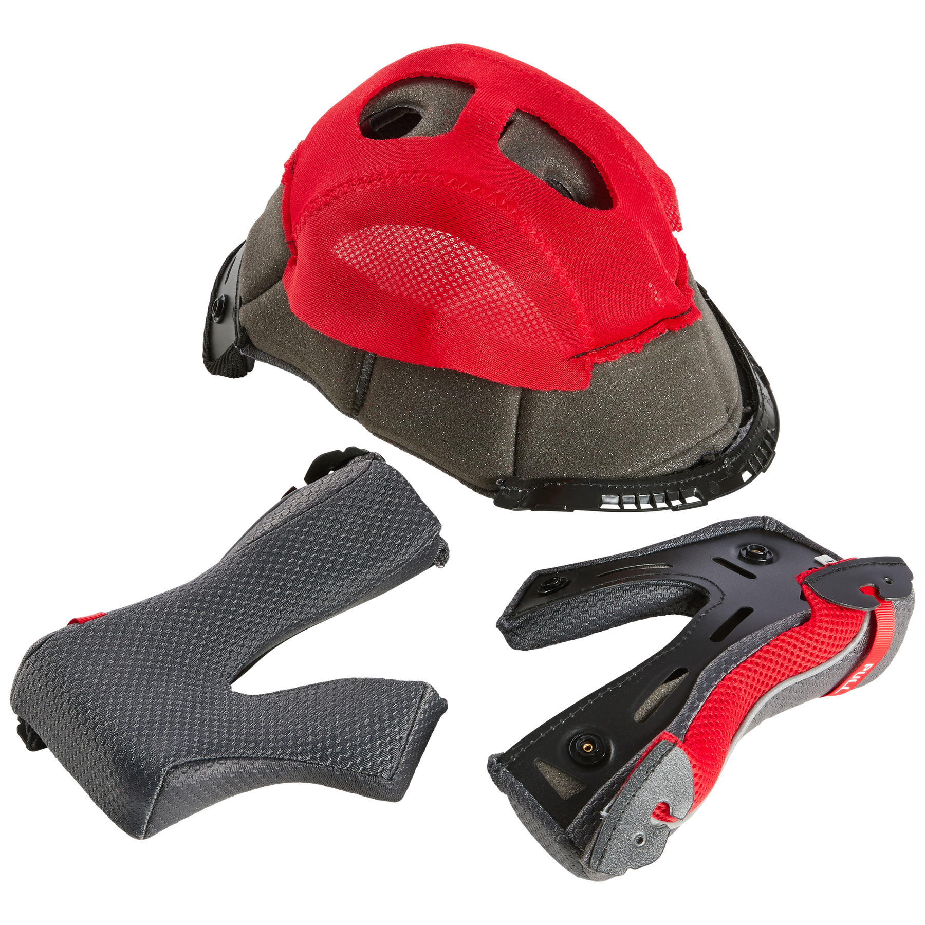 Das O'NEAL Liner & Cheek Pads 5SRS Helmet Set besteht aus einem roten und grauen Headliner, einem grauen V-förmigen Pad und einem schwarzen und roten Y-förmigen Pad von O'NEAL, die alle auf einem weißen Hintergrund abgebildet sind.