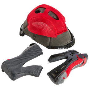 Das O'NEAL Liner & Cheek Pads 5SRS Helmet Set besteht aus einem roten und grauen Headliner, einem grauen V-förmigen Pad und einem schwarzen und roten Y-förmigen Pad von O'NEAL, die alle auf einem weißen Hintergrund abgebildet sind.