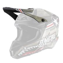 The O'NEAL Visor 5SRS helmet WINGMAN has a black visor, a shark's mouth with sharp teeth, metal rivets, a white star in a circle and the O'NEAL brand name on the side.