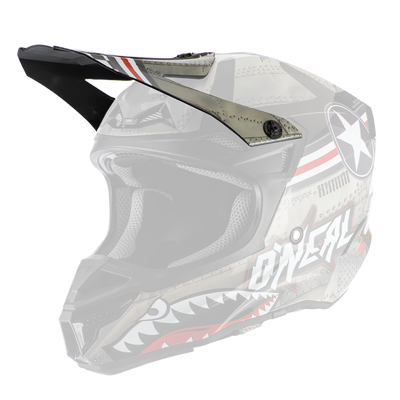 The O'NEAL Visor 5SRS helmet WINGMAN has a black visor, a shark's mouth with sharp teeth, metal rivets, a white star in a circle and the O'NEAL brand name on the side.