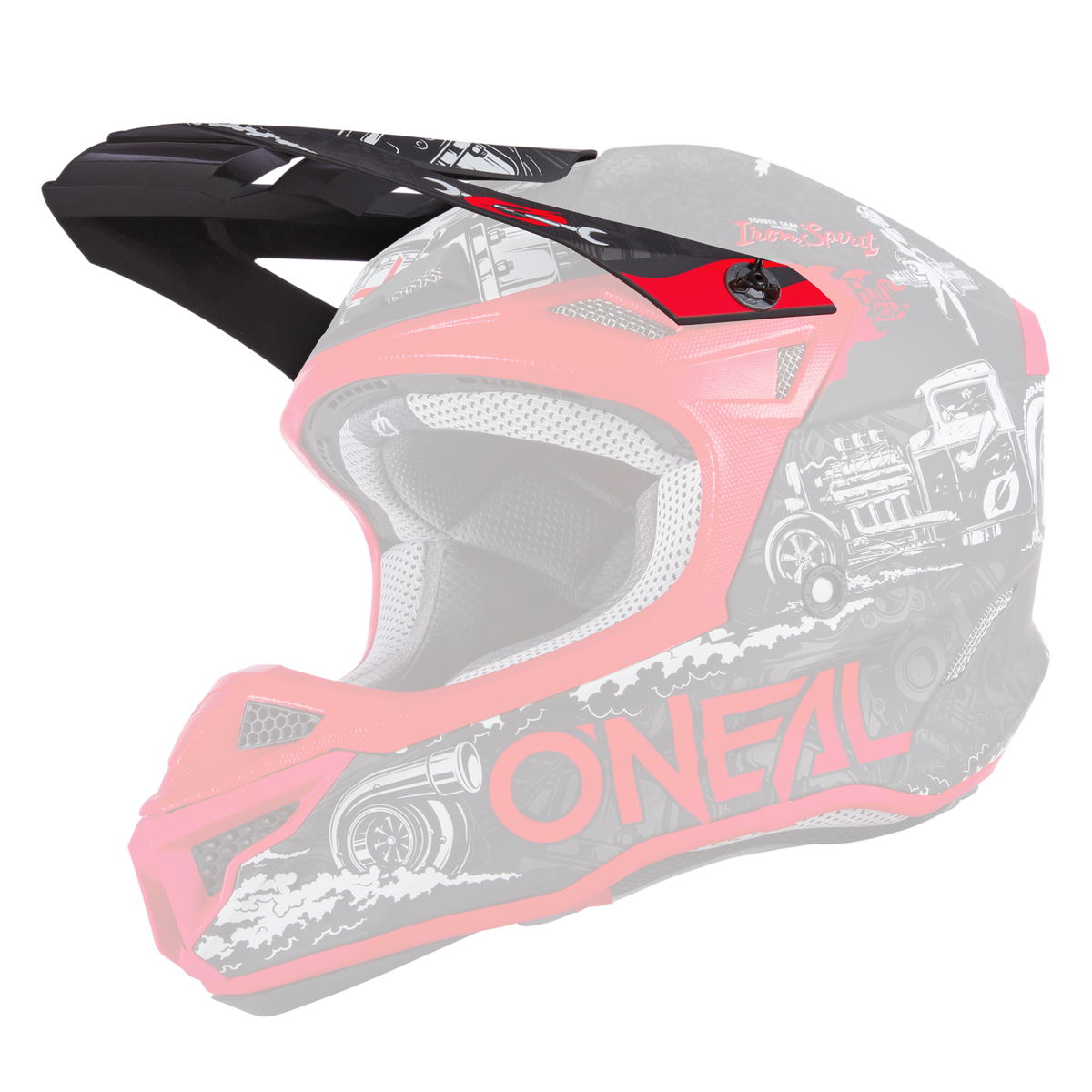 El Casco O'NEAL Visor 5SRS Poliacrilita HR presenta un gráfico de carreras en negro y rojo, llamativas letras "O'NEAL", un frontal con visera y un acolchado interior visible a través del frontal abierto.