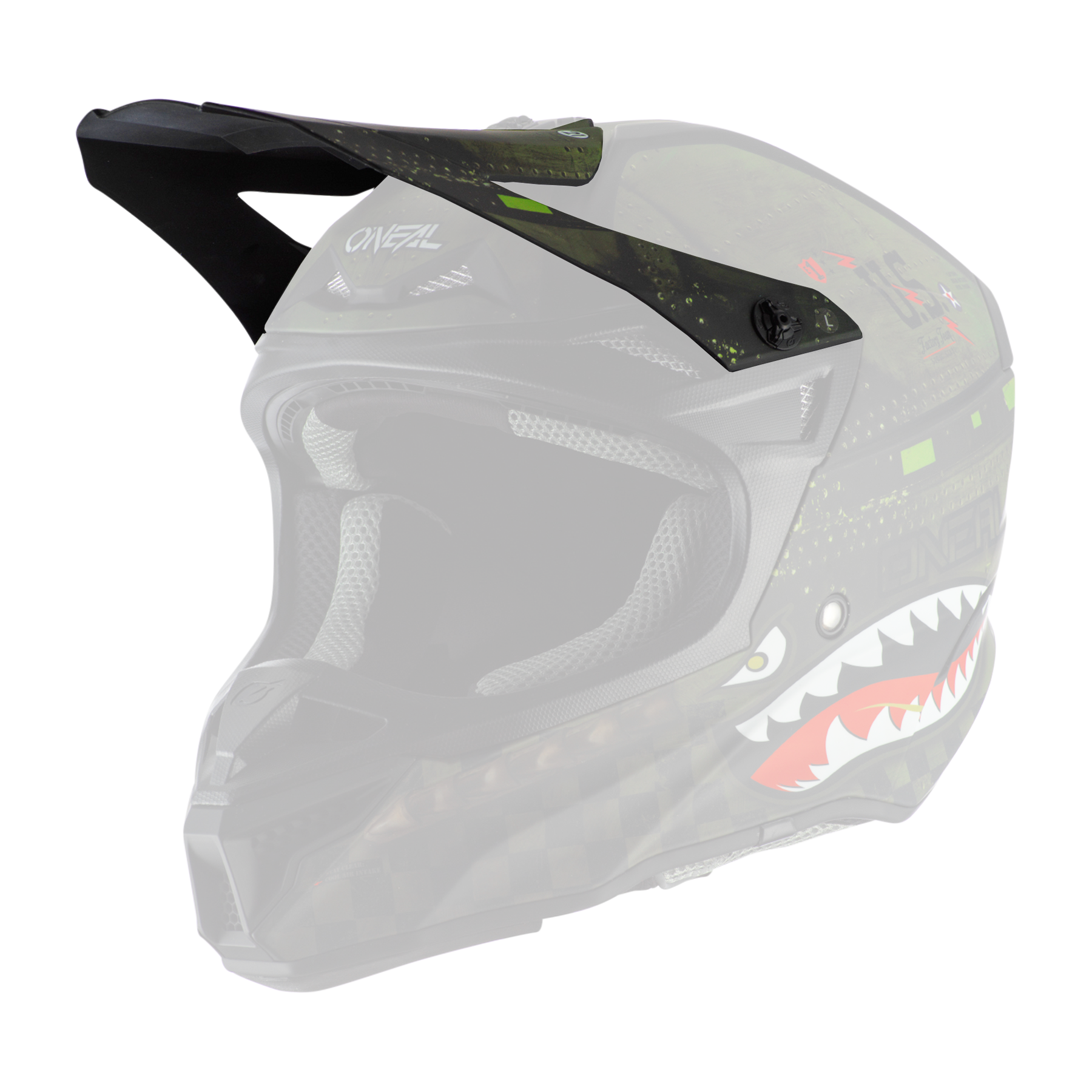 Der O'NEAL Visor 5SRS Helm WARHAWK ist ein schwarz-grüner Motocross-Helm mit Visier, der mit einer Haifischmaul-Grafik und militärisch inspirierten, strukturierten Details ausgestattet ist.