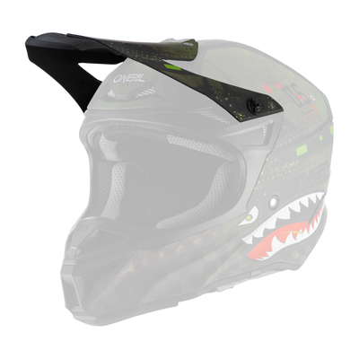L'O'NEAL Visor 5SRS Helmet WARHAWK è un casco da motocross nero e verde con visiera, caratterizzato da una grafica a forma di bocca di squalo e dettagli strutturati di ispirazione militare.