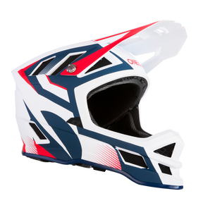 L'O'NEAL Blade Hyperlite Helmet OXYD è un casco integrale nei colori bianco, blu navy e rosso con accattivanti motivi geometrici, un'ampia visiera e molteplici aperture di ventilazione. Realizzato in fibra di vetro resistente, è leggero e robusto, perfetto per gli appassionati di MTB.
