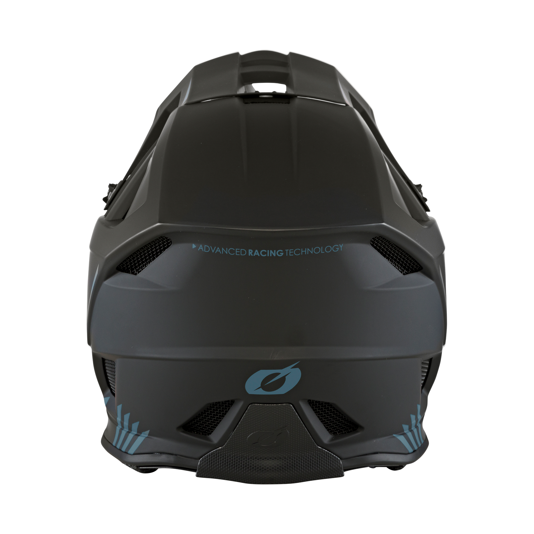 Der O'NEAL BLADE Polyacrylite Helm SOLID zeigt sich von hinten in mattem Schwarz mit blauen geometrischen Akzenten, einem blauen stilisierten Logo, einer haltbaren Polyacrylite-Konstruktion und dem Aufdruck ADVANCED RACING TECHNOLOGY" im oberen Bereich.