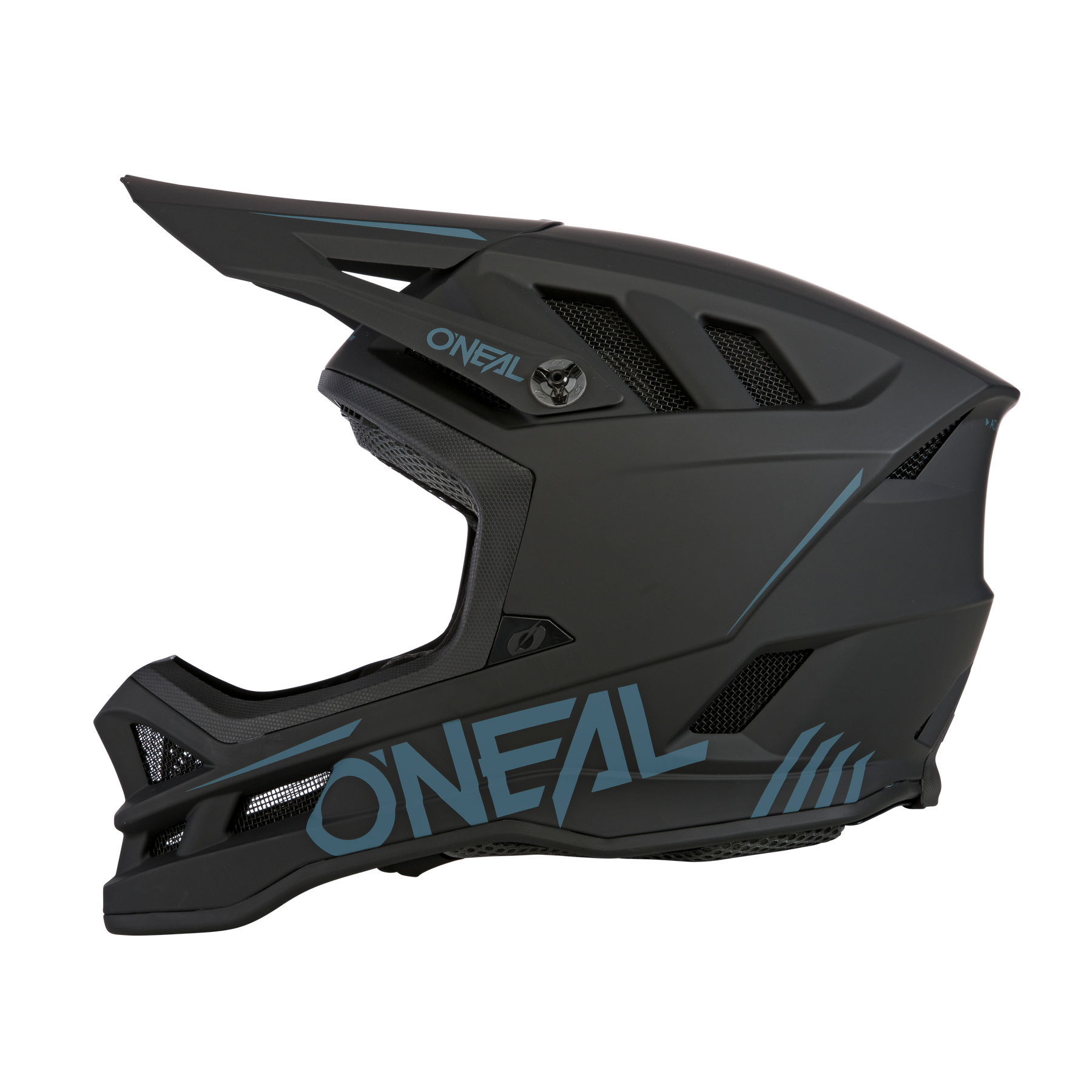 Der O'NEAL BLADE Polyacrylite Helm SOLID ist ein mattschwarzer Fullface-MTB-Helm mit blauem O'NEAL-Branding, eckigen Belüftungsöffnungen und einem Kinnschutz, abgebildet im linken Seitenprofil auf weißem Hintergrund.