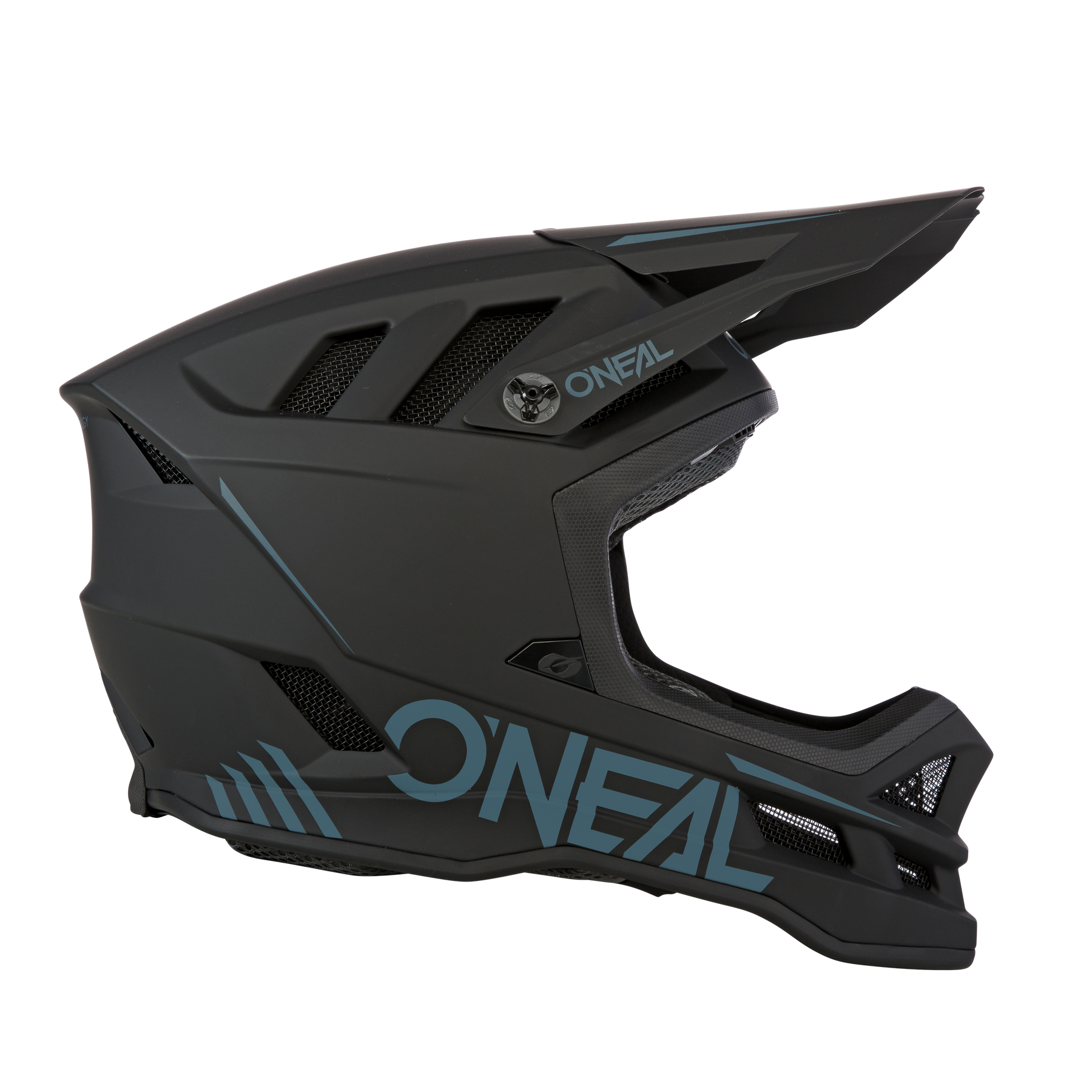 Der O'NEAL BLADE Polyacrylite Helm SOLID ist ein mattschwarzer Integralhelm mit blauen Akzenten und Lüftungsschlitzen, ideal für Motocross oder Mountainbiking.