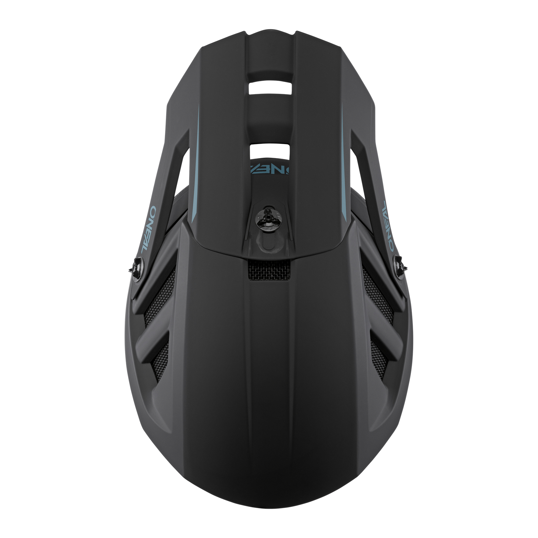 Draufsicht auf den O'NEAL BLADE Polyacrylite Helm SOLID in Mattschwarz mit kantigen Belüftungsöffnungen und dezenten blauen Akzenten, gefertigt aus Polyacrylite-Material mit "O'NEAL"-Branding auf beiden Seiten.