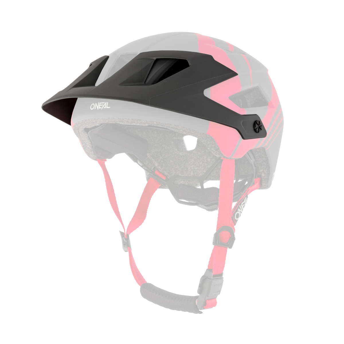 Der O'NEAL Visor DEFENDER Helmet NOVA ist ein schwarz-roter Fahrradhelm mit Visier, Belüftungsschlitzen, Schaumstoffpolsterung und verstellbaren roten Kinnriemen mit Schnalle.